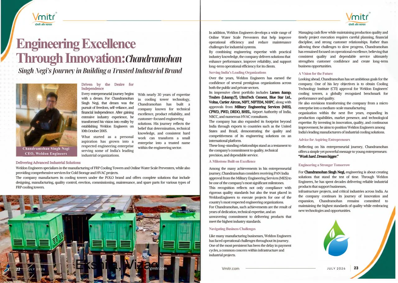 Magazine feature on Weldon Engineers showing a row of green FRP cooling towers installed at Ekshia in Visakhapatnam