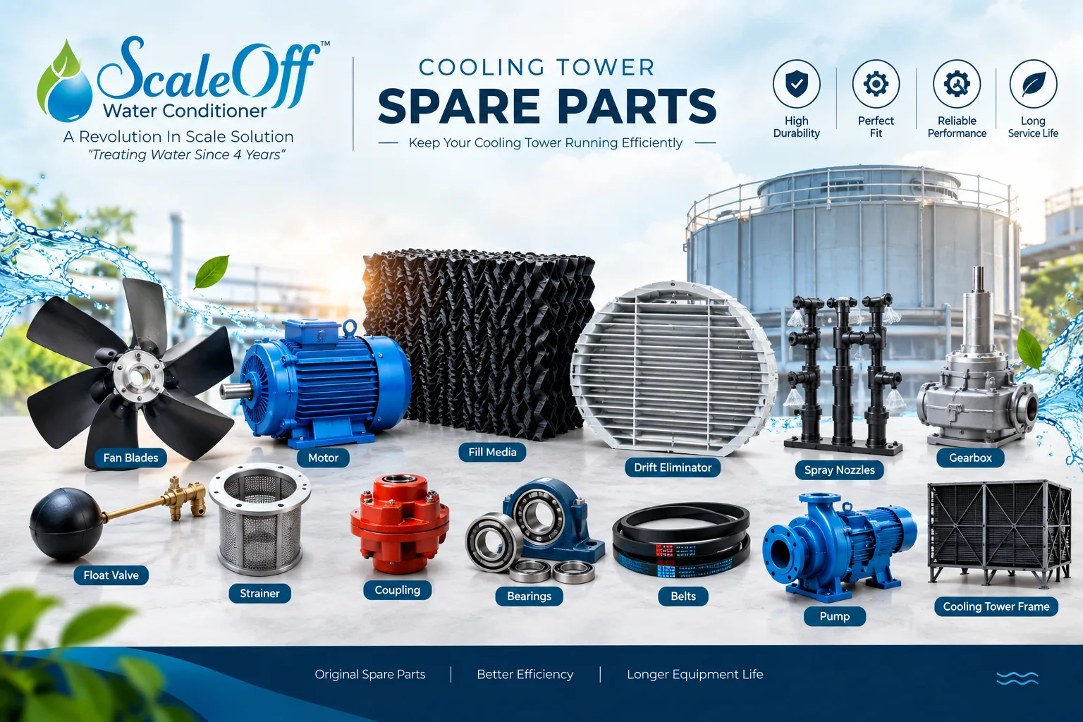 Cooling tower spare parts laid out and labelled: fan blades, motor, fill media, drift eliminator, spray nozzles, gearbox, float valve, strainer, coupling, bearings, belts, pump and tower frame