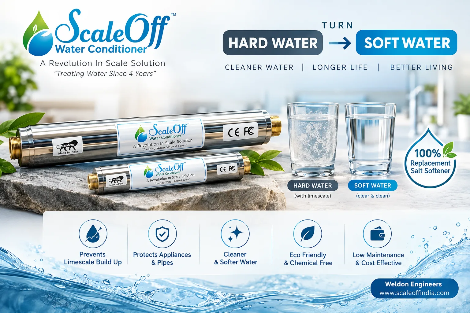 ScaleOff artwork for the inline conditioner, describing it as a full replacement for a salt based softener