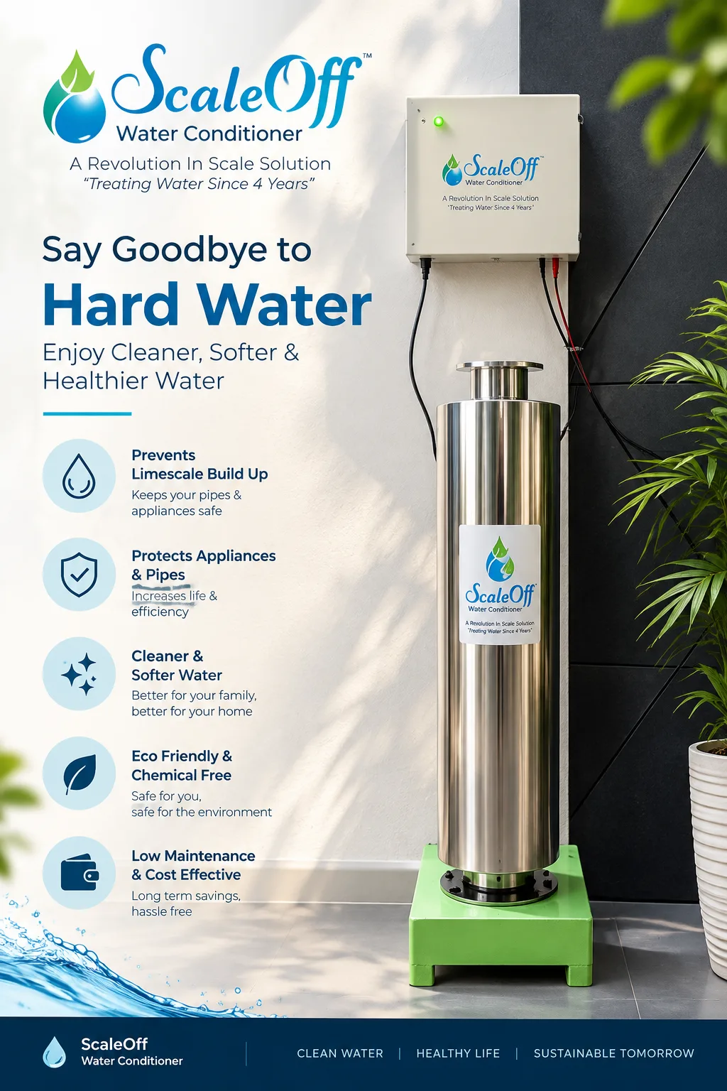 Vertical stainless steel ScaleOff water conditioner on a green base with a white wall mounted control panel above it