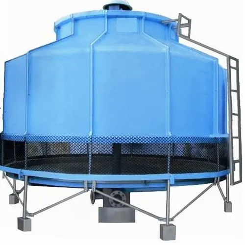 Blue round bottle shape FRP cooling tower with mesh air inlet screen and steel support legs